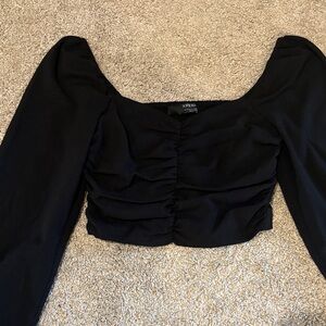 Sophie Rue Black Ruched Square-Neck Long Sleeve Crop Top